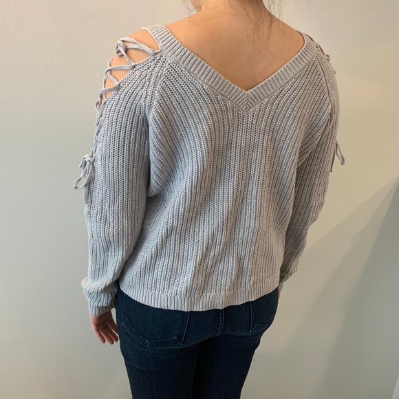LA Hearts Grey Lace-Up Cold Shoulder Sweater - Picture 3 of 7